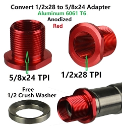  1/2-28 TPI Thread Protector with 5/8-24 TPI Outside Thread, 1/2x28 TPI to 5/8x24 TPI Convertor. Aluminum  Anodized Red